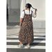 Large Size Retro Leopard Print Strap Skirt Loose And Thin Pocket Long Casual Tooling Wind Strap Skirt_ecoleips.com