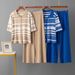 Women's Polo Collar Striped Set Knitted Cardigan Short Sleeved Two Piece Casual Sports Wide Leg Pants Summer Top_ecoleips.com