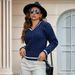 V-Neck Cable Knit Sweater – Oversized Ribbed Pullover (Polyester Blend, Blue/Red/Gray/Black, S/M/L/XL)_ecoleips.com
