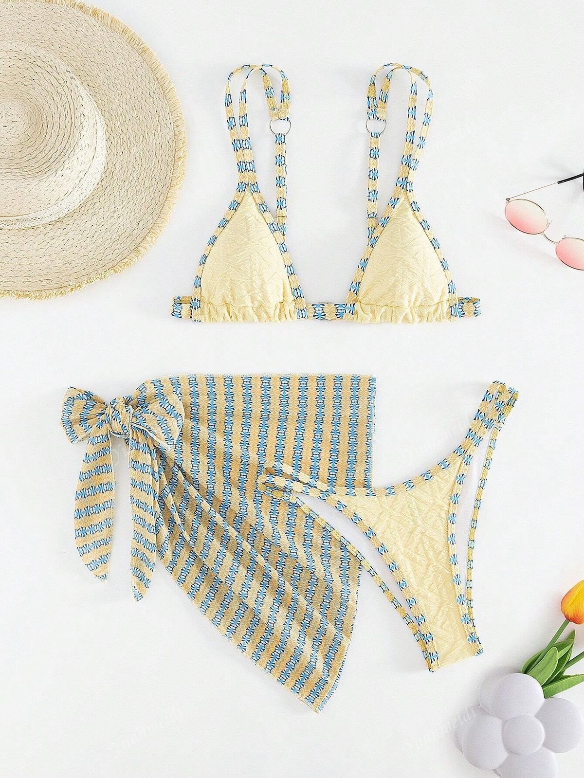 Women's Clothing Three Piece Bikini Set With Triangle Sun Covering Skirt Sexy Swimwear_ecoleips.com
