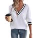 Women's Autumn/Winter Solid-Color T-Shirt With V-Neck, Loose Fit And Long Sleeves_ecoleips.com
