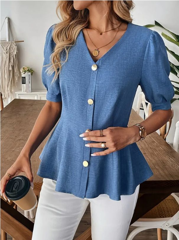Elegant V-Neck Bubble Sleeve Blouse Slim Fit Short Sleeve Shirt Solid Color Summer Top for Office And Casual Wear for Women_ecoleips.com