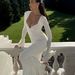 New Arrival GDFGDF Solid Color Low Cut Long Sleeve Slim Bodycon Ruffle Hem Dress Wholesale For Women_ecoleips.com
