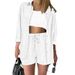 Verve INS New Style Solid Color Loose Elastic Wrinkle Long Sleeve Shirt Wide Leg Shorts Casual Set For Women_ecoleips.com