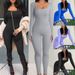 Women's Ribbed Square Neck Bodysuit Long Sleeve Jumpsuit, Tummy Control Butt Lifting Casual Romper For Fall Winter_ecoleips.com