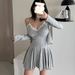 South Korea Spring Summer New Style Elegant Lace Patchwork Waist Pleated Strap Dress + Long Sleeve Cardigan Two-Piece_ecoleips.com