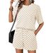 Women's Checkerboard Print Short Sleeve T-Shirt With Drawstring Pocket Shorts Set, Casual Loungewear Two Piece Outfit For Summer, Street Style_ecoleips.com