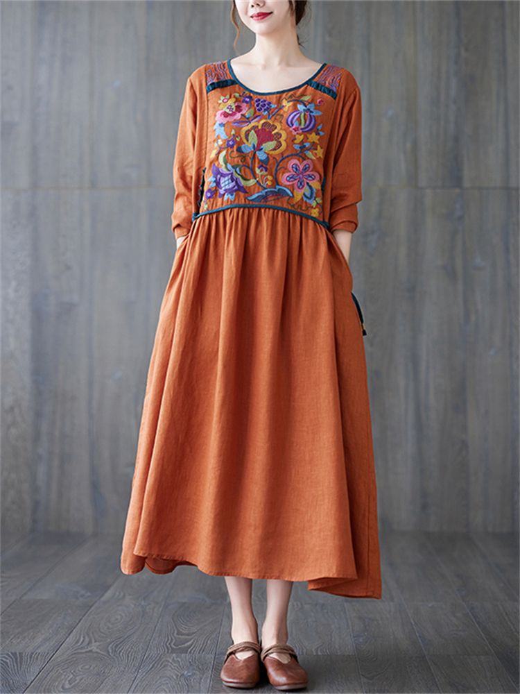 Cotton Linen Long Sleeve Floral Print Vintage Dresses For Women 2025 Spring Autumn Casual Loose Dress Femme Robe Elegant Clothes_ecoleips.com