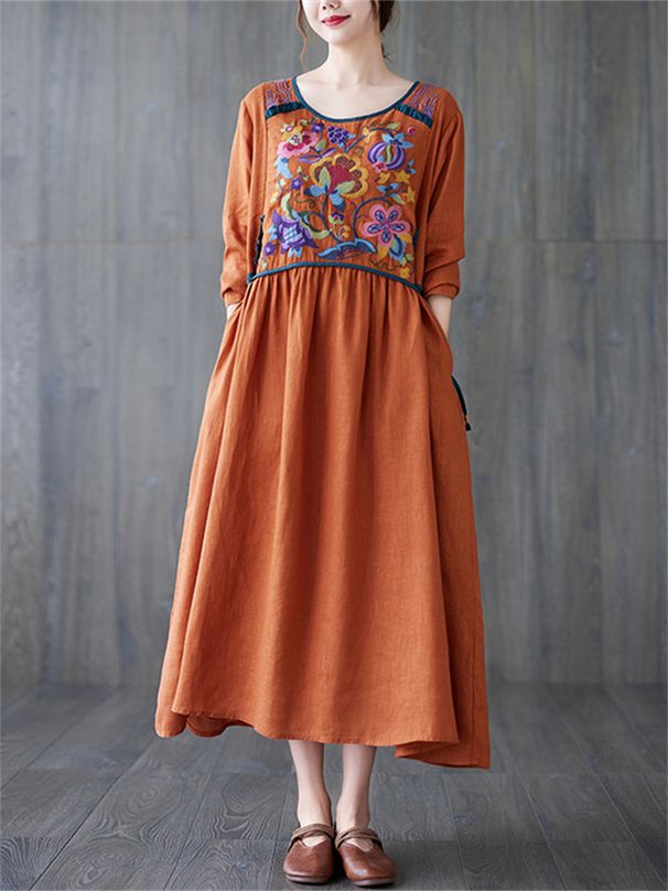 Cotton Linen Long Sleeve Floral Print Vintage Dresses For Women 2025 Spring Autumn Casual Loose Dress Femme Robe Elegant Clothes_ecoleips.com