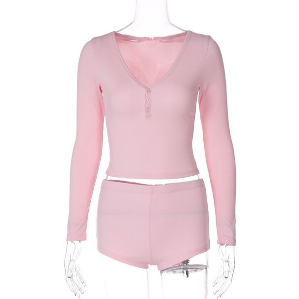 Women's Clothing Sexy low-cut V-neck tight long-sleeved top Fashion sports style short shorts two-piece set_ecoleips.com