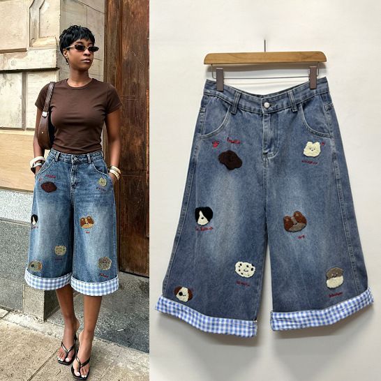 New Women's Retro Puppy Embroidered Plaid Patchwork Wide Leg Loose Cropped Jeans European American Style 2026 Cross Border Foreign Trade_ecoleips.com