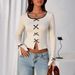 Voya New Beige Knitted Long Sleeved Shirt With Butterfly Bow Decoration On The Chest And Striped Temperament, Paired With A Base Shirt For Women's Wear_ecoleips.com