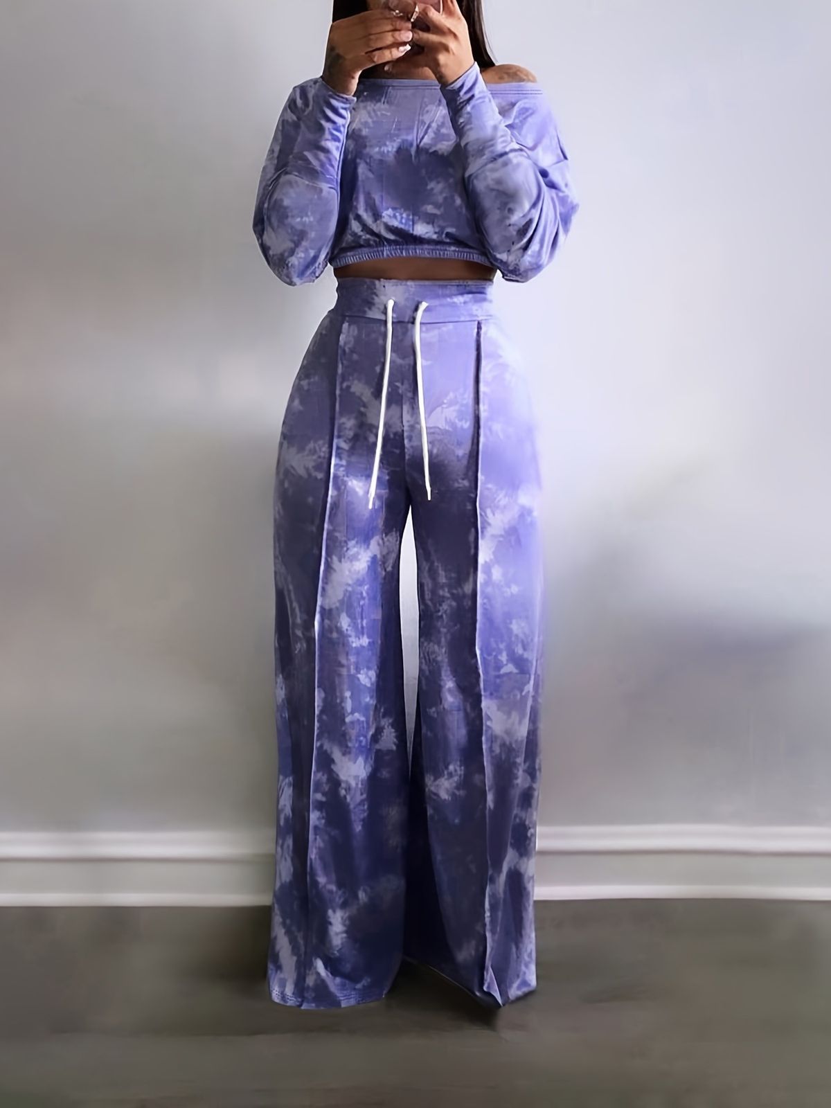 Women's Autumn Print Off-Shoulder Top And Flared Pants Set European American Style Sexy Two-Piece Cross-Border Fashion_ecoleips.com