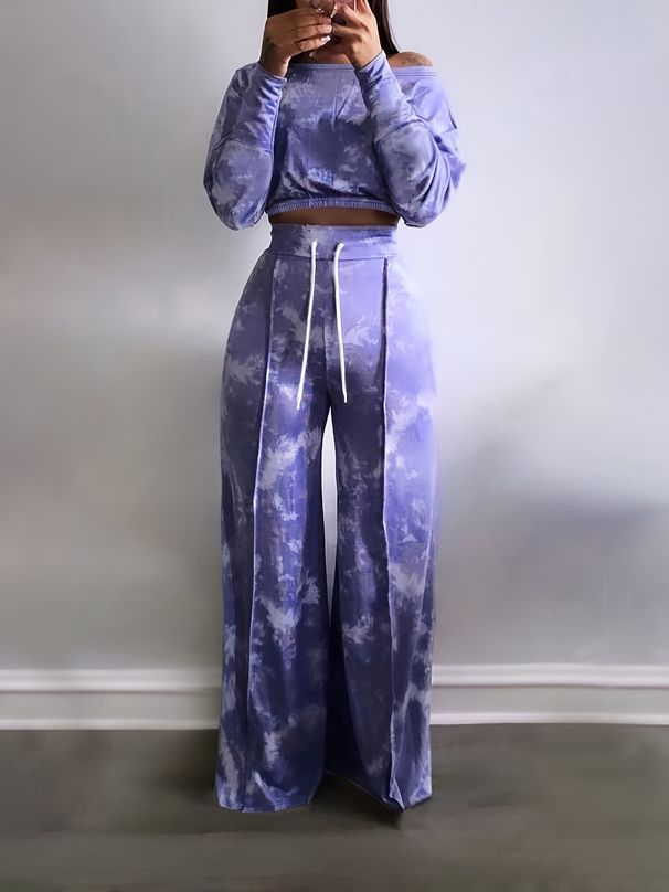 Women's Autumn Print Off-Shoulder Top And Flared Pants Set European American Style Sexy Two-Piece Cross-Border Fashion_ecoleips.com