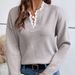 Women's V-Neck Lace Trim Knit Sweater - Solid Color Long Sleeve Pullover For Autumn & Winter_ecoleips.com
