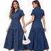 Women's Denim Collared Cardigan Slim Waist Long Dress Short Sleeved_ecoleips.com