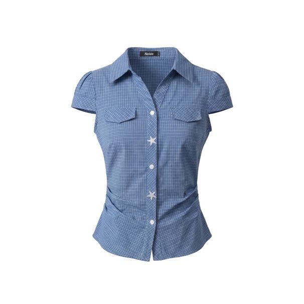 HeyHenry Women's Slim Fit Plaid Shirt Short Sleeved Flattering Summer Look Slimming Sexy Style_ecoleips.com