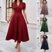 2025 Spring And Summer European And American Temperament Elegant Solid Color High Waist V Neck Solid Color Short Sleeved Dress_ecoleips.com