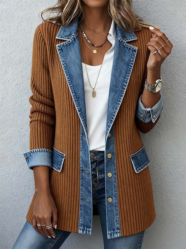 Women's Slim Fit Patchwork Jacket Elegant Fashionable Long Sleeve Style Autumn Outerwear_ecoleips.com