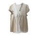 Women's Korean Style Patchwork Top V Neck Short Sleeve Faux Two Piece Lace Trimmed Elegant Casual Babydoll Shirt_ecoleips.com