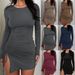 New 2025 European And American Women's Slim Fit Long Sleeve Round Neck Drawstring Skirt Y2K Style Sexy Solid Color Hip Dress_ecoleips.com