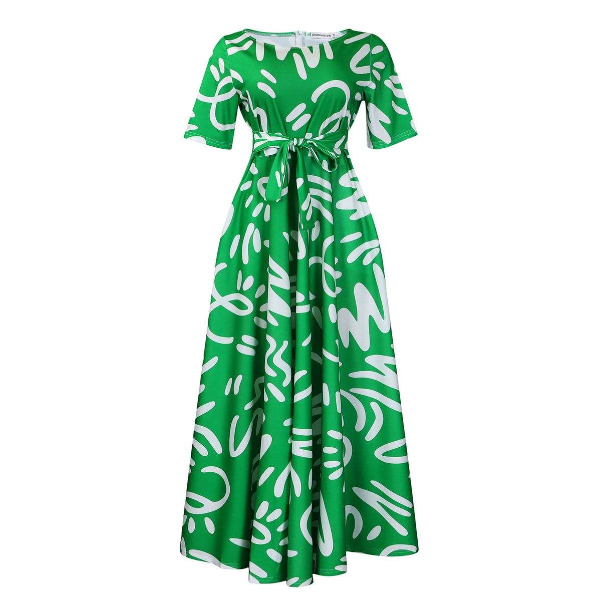 Women's Clothing New Fashion Temperament Lace Print Short Sleeved Large Swing Dress_ecoleips.com
