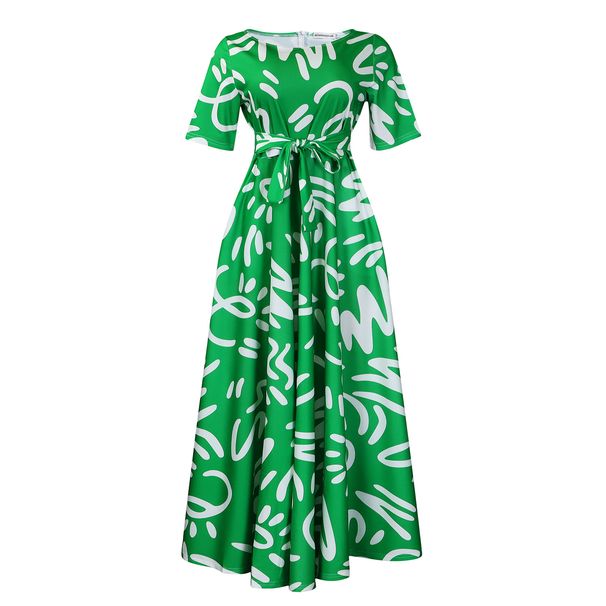 Women's Clothing New Fashion Temperament Lace Print Short Sleeved Large Swing Dress_ecoleips.com