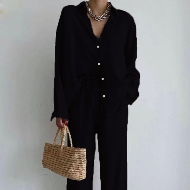 Women's Clothing Fashion Women's Solid Color Suit Temperament Long Sleeved Top Straight Pants Two Piece Suit_ecoleips.com