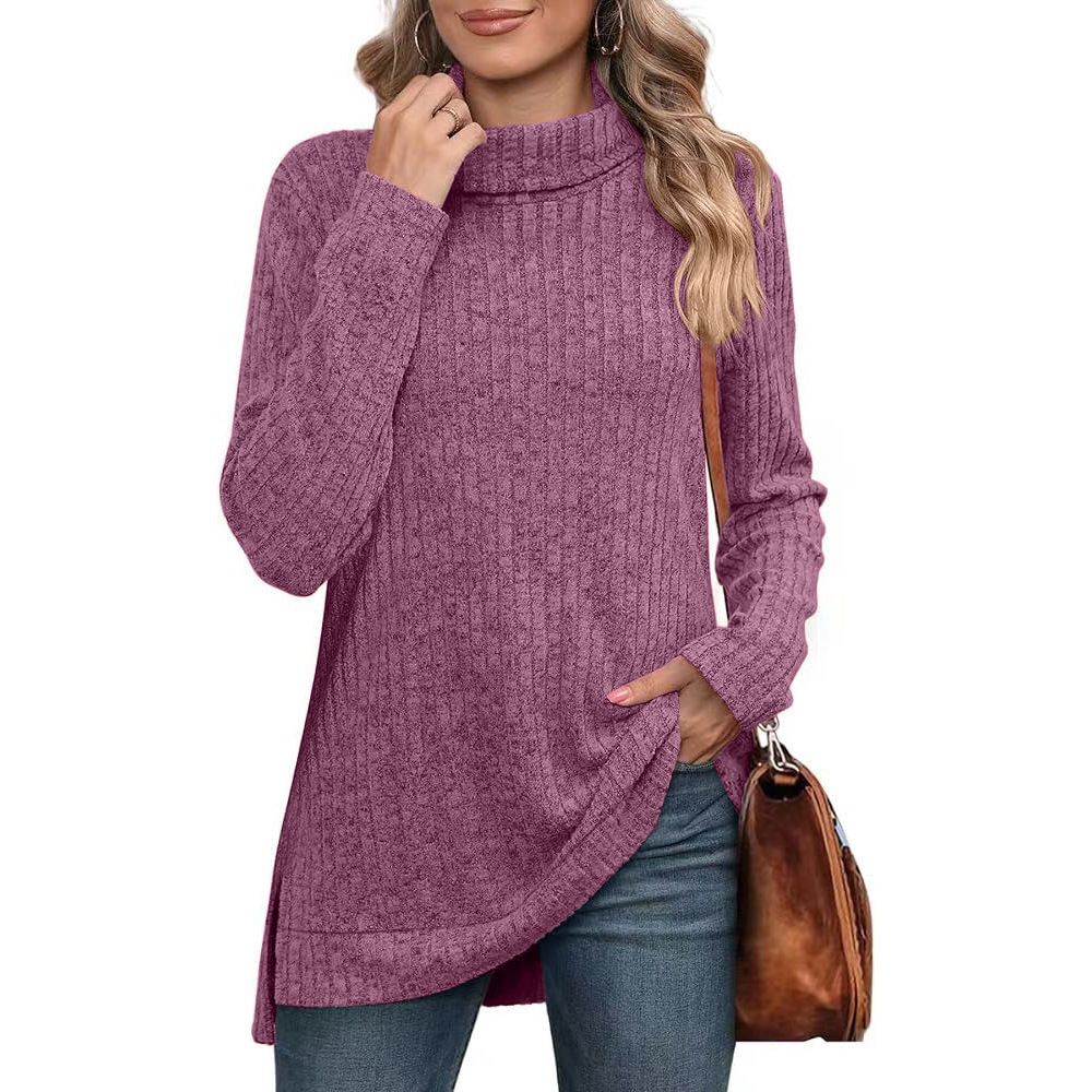 Women's High Neck Split Ribbed T-Shirt Top Solid Color Loose Fit Autumn Winter Fashion American Style_ecoleips.com