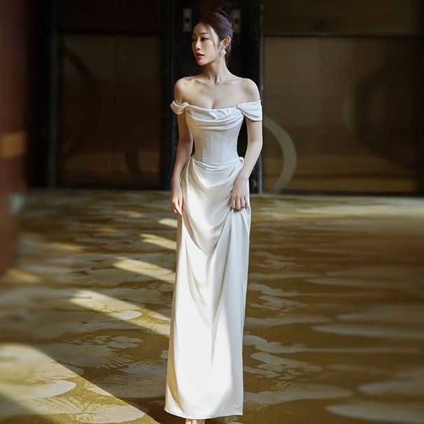 French Off-Shoulder Wedding Bride High-End White Simple Satin Gown Elegant Light Luxury Slim Mermaid Dress_ecoleips.com