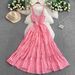 Korean Style Soft Pink Striped Suspender Dress for Women Summer Retro Design Elastic Waist Slimming Full Skirt_ecoleips.com