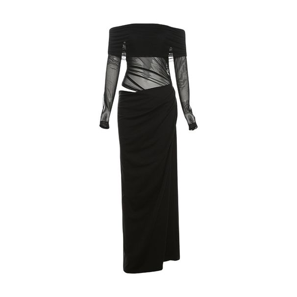 Spring 2026 New Women's Sexy Off-Shoulder Mesh Sheer Long Dress European American Style Clothing_ecoleips.com