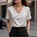 Satin V-Neck Short Sleeve Tee – Women’s Elegant Solid Top For Spring & Summer | Soft & Luxe (S-2XL, 6 Colors)_ecoleips.com