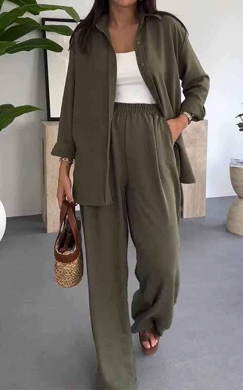 Women's Clothing spring and summer new fashion solid color loose tops casual wide leg pants women's two piece suit_ecoleips.com