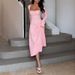 YJ24330 Women's Elegant Slim Fit Long Dress European American Style Pure Alluring Square Neck Tie A-Line Summer New 2024_ecoleips.com