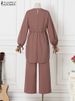 ZANZEA Muslim Women Matching Sets Long Sleeve Solid Color Tops And Loose Pant Suits Elegant Fashion Casual Tracksuit Kaftan 2025_ecoleips.com