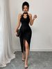 Midi Dress Spring Summer Women Black Lace Trim Halter Neck Sleeveless Split Bodycon Sexy Party Club Cocktail Dress_ecoleips.com