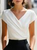 Women's Elegant V Neck White T-shirts 2026 Summer Office Lady Slim Fit Short Sleeve Urban Basic Ruched Pullovers Tops 183874_ecoleips.com