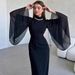 Elegant Mesh-Paneled Midi Dress – Flowy A-Line Silhouette With Batwing Sleeves & Adjustable Waist Tie (Polyester Crepe For Office To Evening)_ecoleips.com