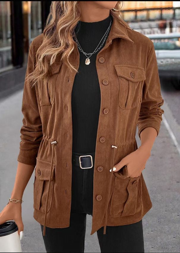 Corduroy Collar Jacket For Women – Slim-Fit Workwear Style Coat With Multiple Pockets (Dark Brown, S/M/L/Xl)_ecoleips.com