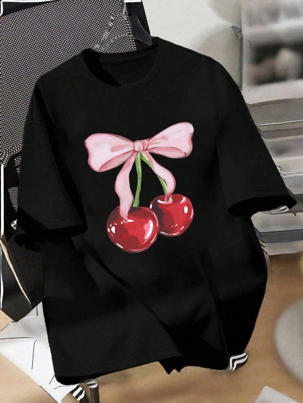 Women's Y2K Cherry Bow Print round Neck Short Sleeve T-Shirt Loose Fit Trendy Casual Top for Spring/Summer_ecoleips.com