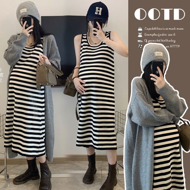 Autumn Winter New Korean Fashion Striped Vest Dress + Gray Coat Two-Piece Set For Pregnant Women_ecoleips.com