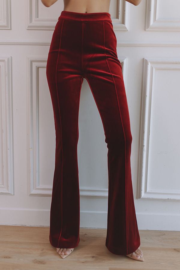 Korean Velvet Blazer & Pants Set - Women's Autumn Winter Office & Party Outfit (Burgundy/Black, S/M/L/XL)_ecoleips.com