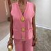 Women's Clothing Suit Gold Button V Neck Knitted Vest Casual Loose Trousers Knitted Two Piece Suit_ecoleips.com