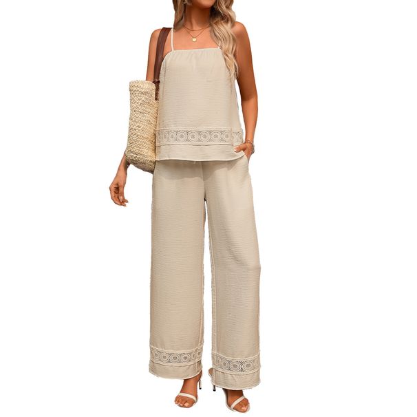 Women's Lace Trim Camisole And Pocket Wide Leg Pants Set Casual Summer Outfit Black Beige Sky Blue Sizes S XXL_ecoleips.com