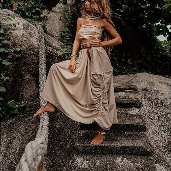 Boho Maxi Skirt With Drawstring Waist & Oversized Pockets – Flowy Polyester Blend (6 Colors, S-XXL, Euro Breezy Style)_ecoleips.com