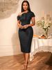 Asymmetric Bow-Sleeve Jacquard Bodycon Dress – Stretch Polyester Cocktail-to-Gala Midi (S-4XL, Emerald/Black/Terracotta)_ecoleips.com