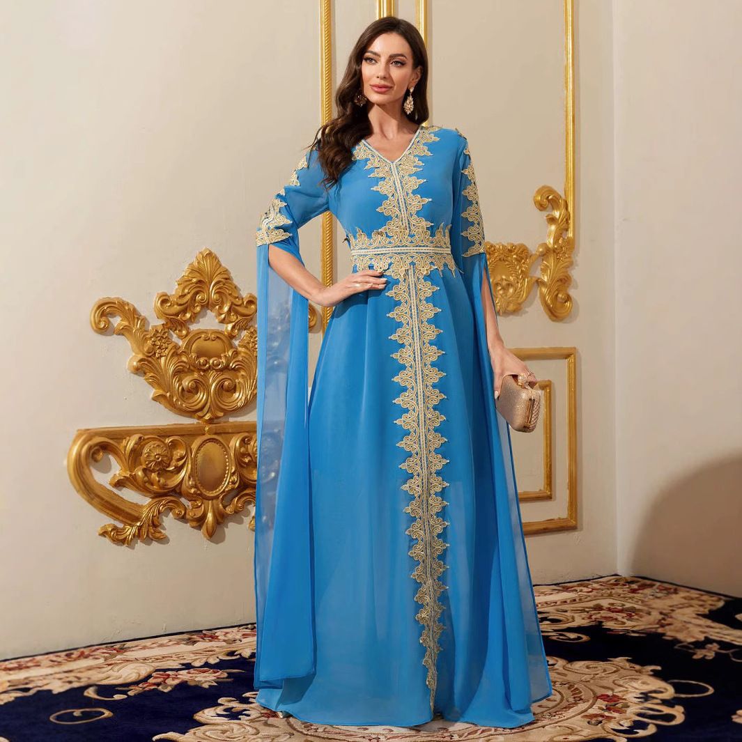 Women's Clothing Splicing Super Long Sleeve Abaya Dress Ladies Solid Color Lace Dress_ecoleips.com