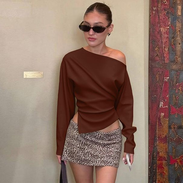 Women's Off-Shoulder Long Sleeve T-Shirt Slim Fit Summer Fashionable Simple Design With Slit New Arrivals_ecoleips.com