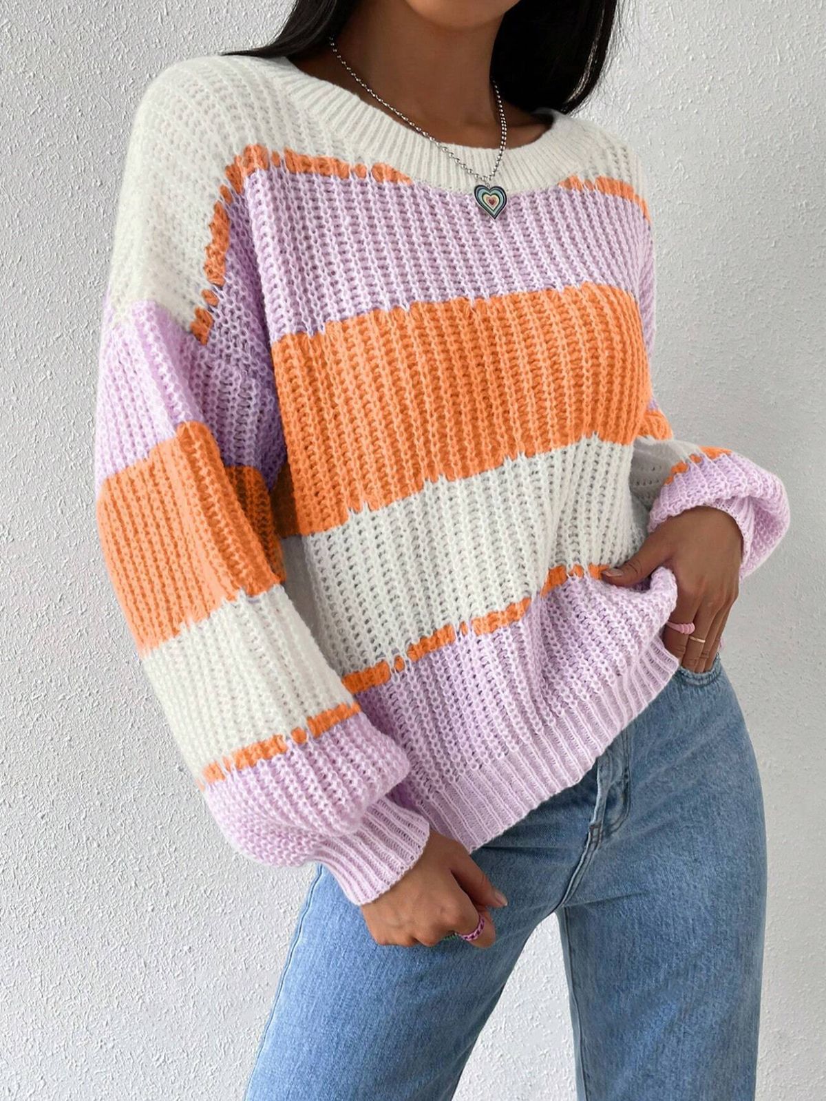 Women's Clothing Autumn And Winter Long Sleeved Pullover Sweater Contrast Color Casual Loose Lazy Style Knitted Tops For Women_ecoleips.com